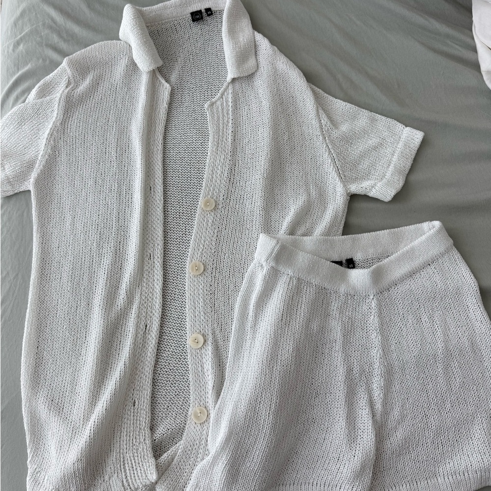 OW Intimates White Knit Button-Up Shirt and Shorts Set